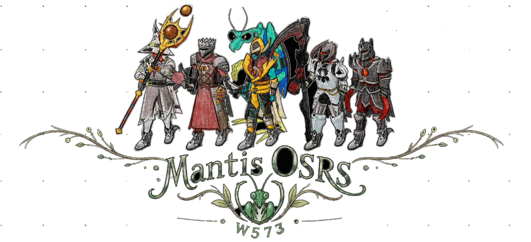 Sharp hand-drawn Mantis OSRS character lineup with ornamental logo and W573