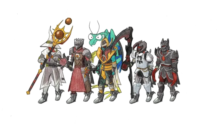 Hand-drawn lineup of Mantis clan characters