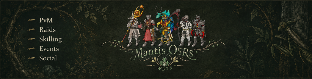 Mantis OSRS clan artwork with PvM, Raids, Skilling, Events, and Social activities